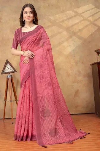 coral colour Linen cotton ready to wear saree with unstitched blouse