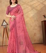 coral colour Linen cotton ready to wear saree with unstitched blouse
