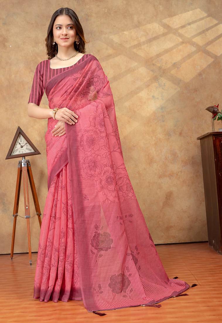 coral colour Linen cotton ready to wear saree with unstitched blouse