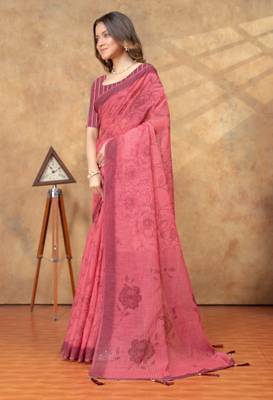 coral colour Linen cotton One Minute saree with unstitched blouse 2