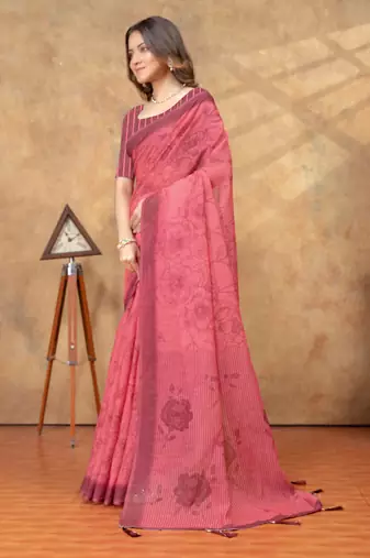 coral colour Linen cotton One Minute saree with unstitched blouse