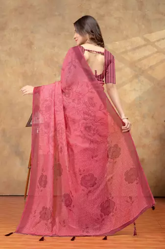 coral colour Linen cotton One Minute saree with unstitched blouse