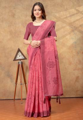 coral colour Linen cotton One Minute saree with unstitched blouse 4