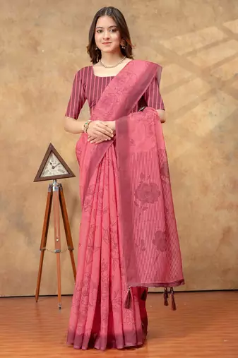 coral colour Linen cotton One Minute saree with unstitched blouse