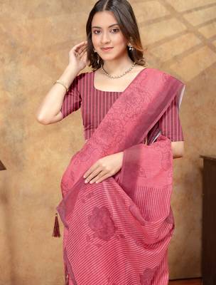 coral colour Linen cotton One Minute saree with unstitched blouse 5