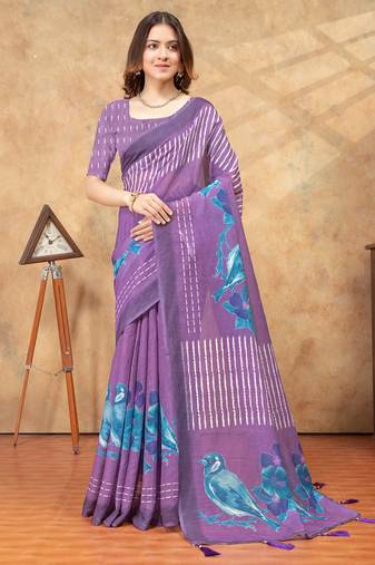 purple colour Linen cotton ready to wear saree with unstitched blouse
