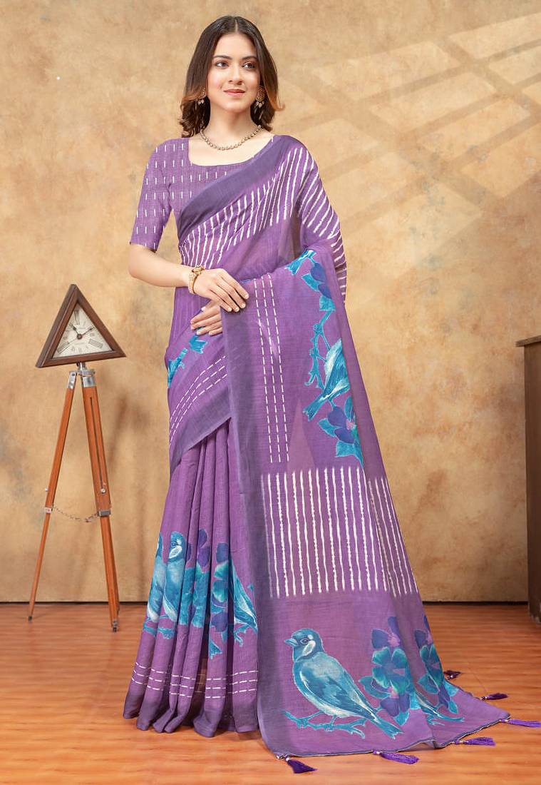 purple colour Linen cotton ready to wear saree with unstitched blouse