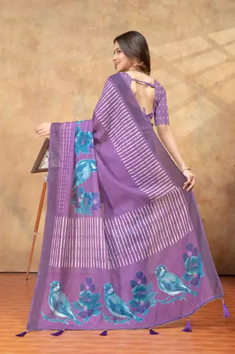 purple colour Linen cotton One Minute saree with unstitched blouse
