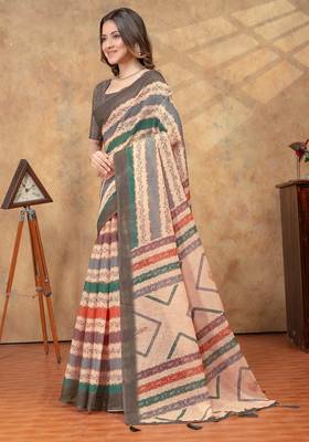 multi colour Linen cotton One Minute saree with unstitched blouse 2