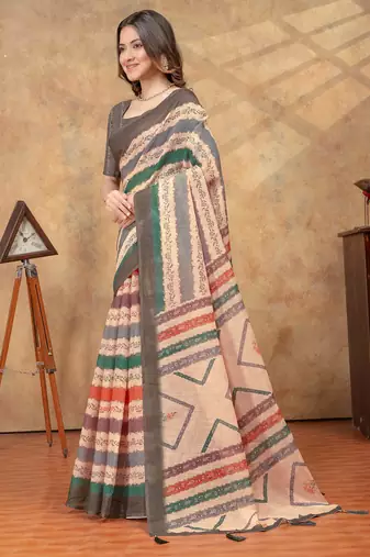 multi colour Linen cotton One Minute saree with unstitched blouse