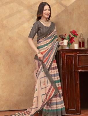 multi colour Linen cotton One Minute saree with unstitched blouse 4