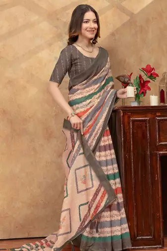 multi colour Linen cotton One Minute saree with unstitched blouse