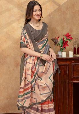 multi colour Linen cotton One Minute saree with unstitched blouse 5