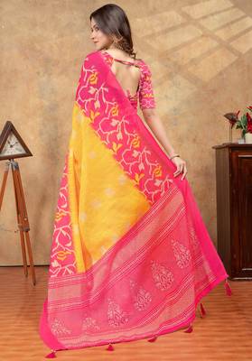 yellow colour Linen cotton Ready Pleated saree with unstitched blouse 3