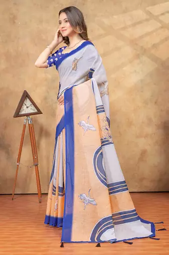 multicolorcolor linen cotton pre-stitched saree