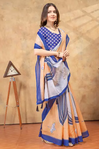 multicolorcolor linen cotton pre-stitched saree