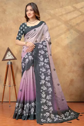 grey colour Linen cotton ready to wear saree with unstitched blouse