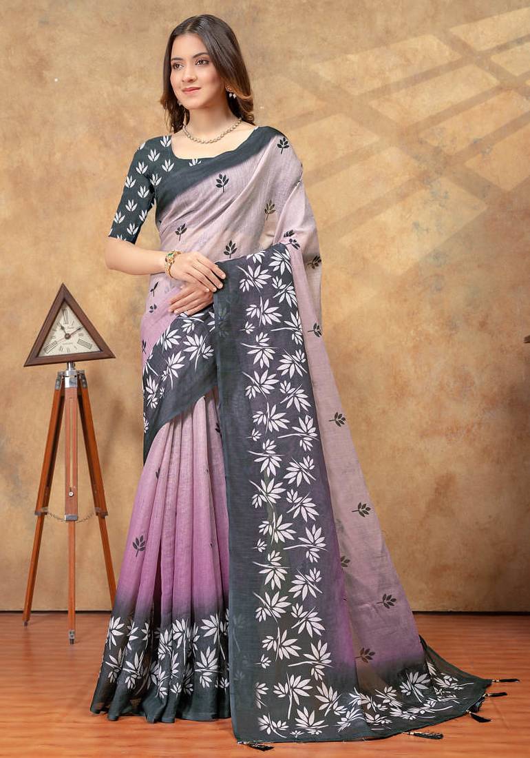 grey colour Linen cotton ready to wear saree with unstitched blouse