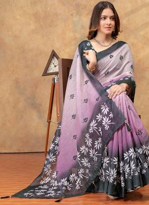 grey colour Linen cotton Ready Pleated saree with unstitched blouse 4