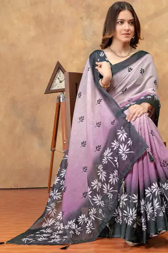 grey colour Linen cotton Ready Pleated saree with unstitched blouse