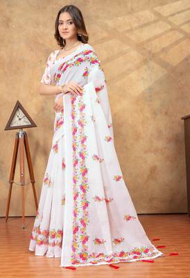 white colour Linen cotton Ready Pleated saree with unstitched blouse 1