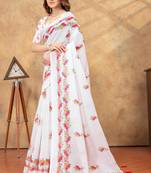 white colour Linen cotton ready to wear saree with unstitched blouse