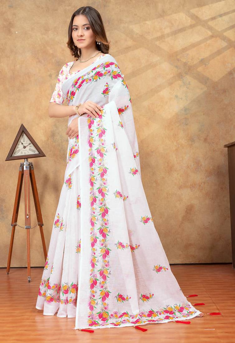 white colour Linen cotton ready to wear saree with unstitched blouse