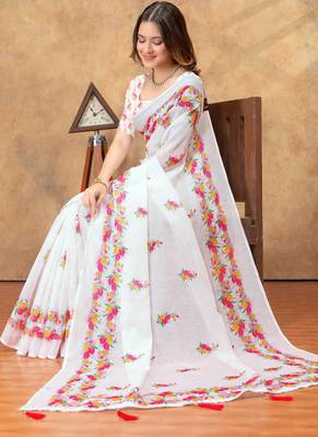 white colour Linen cotton Ready Pleated saree with unstitched blouse 3
