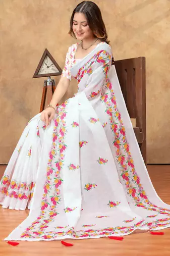 white colour Linen cotton Ready Pleated saree with unstitched blouse