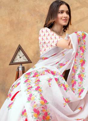 white colour Linen cotton Ready Pleated saree with unstitched blouse 4