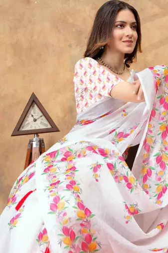 white colour Linen cotton Ready Pleated saree with unstitched blouse