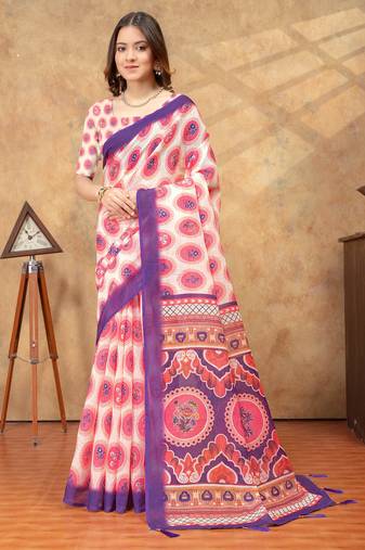 off white colour Linen cotton ready to wear saree with unstitched blouse