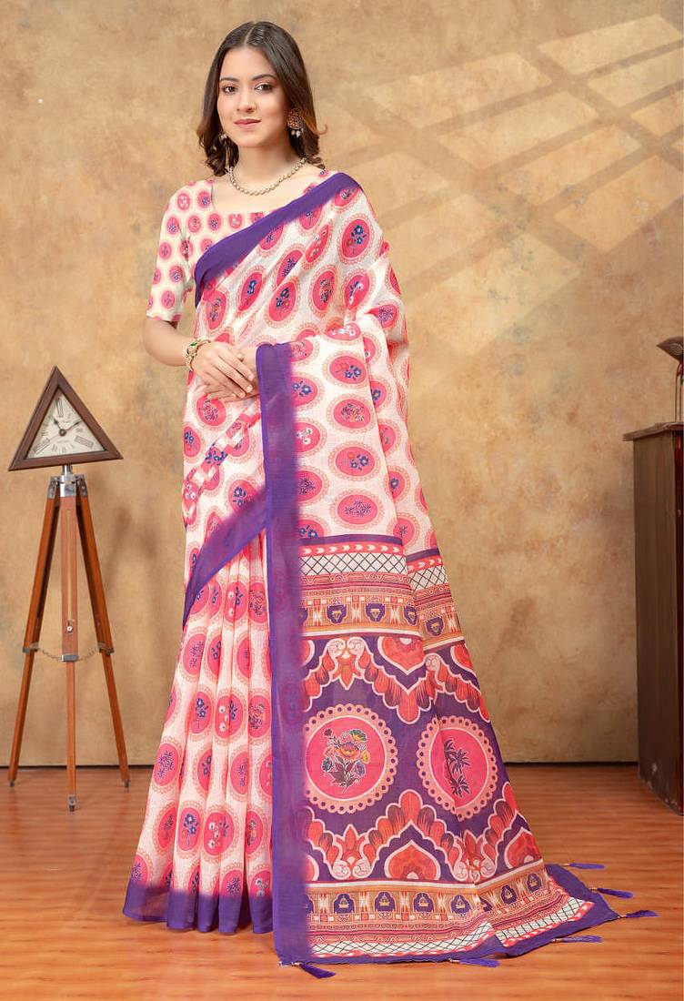 off white colour Linen cotton ready to wear saree with unstitched blouse