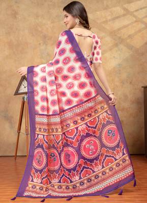 off white colour Linen cotton Ready Pleated saree with unstitched blouse 3