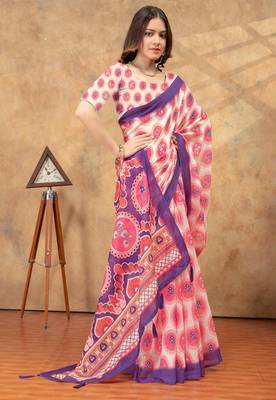 off white colour Linen cotton Ready Pleated saree with unstitched blouse 4