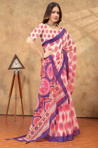 off white colour Linen cotton Ready Pleated saree with unstitched blouse