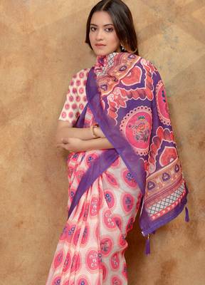 off white colour Linen cotton Ready Pleated saree with unstitched blouse 5