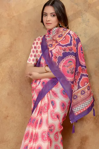 off white colour Linen cotton Ready Pleated saree with unstitched blouse