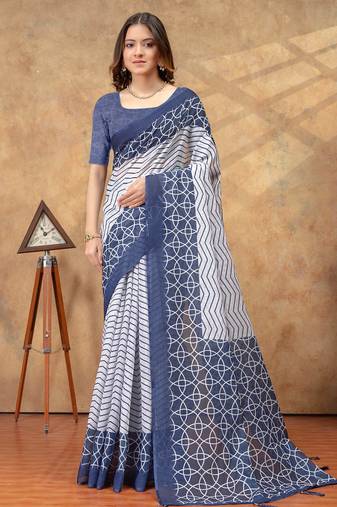 blue colour Linen cotton ready to wear saree with unstitched blouse