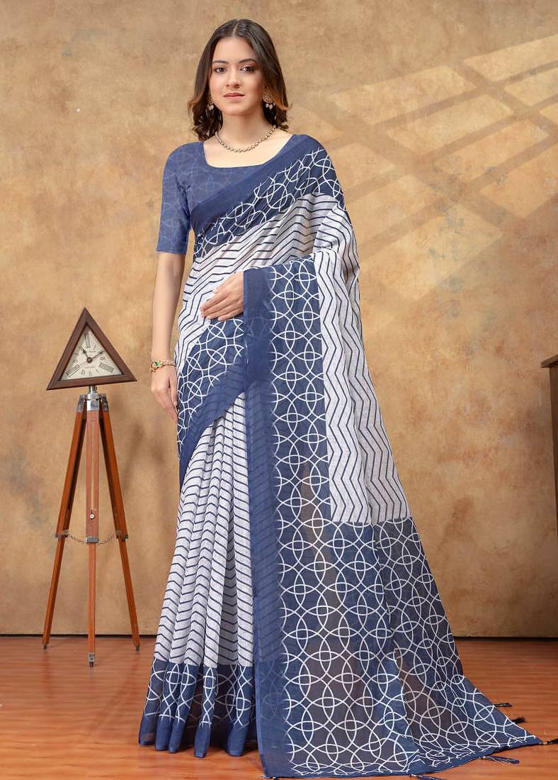 blue colour Linen cotton ready to wear saree with unstitched blouse