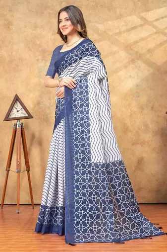 blue colour Linen cotton Ready Pleated saree with unstitched blouse