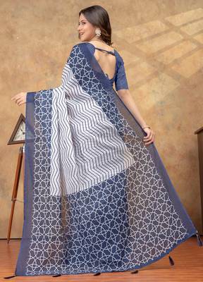 blue colour Linen cotton Ready Pleated saree with unstitched blouse 3