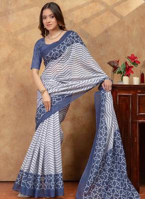 blue colour Linen cotton Ready Pleated saree with unstitched blouse 4