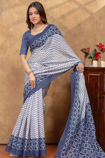blue colour Linen cotton Ready Pleated saree with unstitched blouse