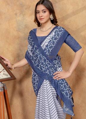 blue colour Linen cotton Ready Pleated saree with unstitched blouse 5