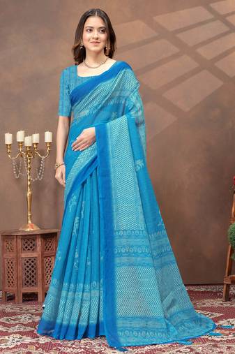 sky blue colour Linen cotton ready to wear saree with unstitched blouse