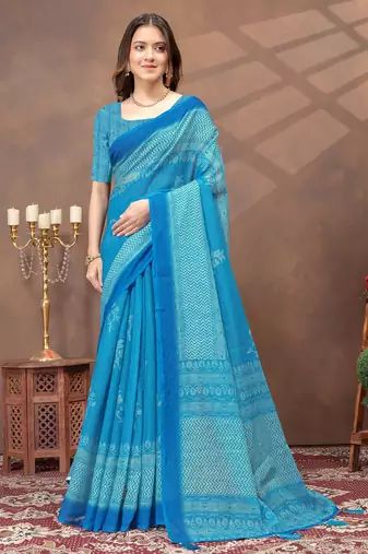 sky blue colour Linen cotton ready to wear saree with unstitched blouse