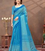 sky blue colour Linen cotton ready to wear saree with unstitched blouse
