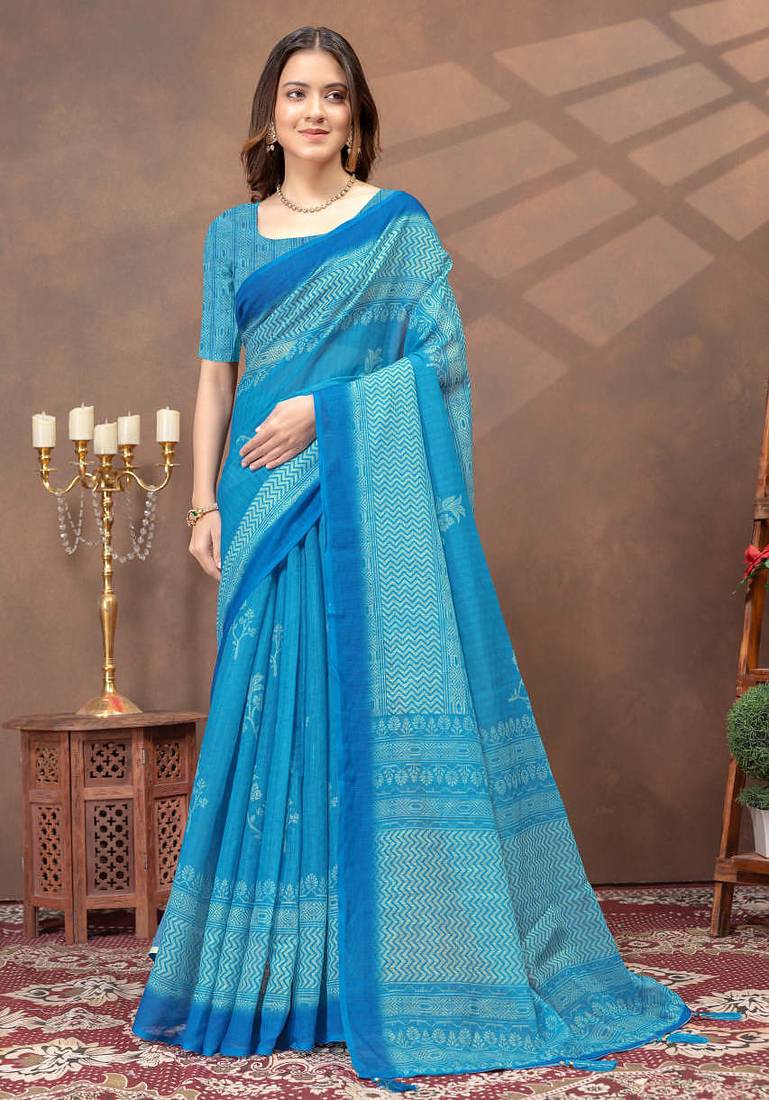 sky blue colour Linen cotton ready to wear saree with unstitched blouse