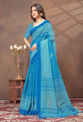 sky blue colour Linen cotton Ready Pleated saree with unstitched blouse 2